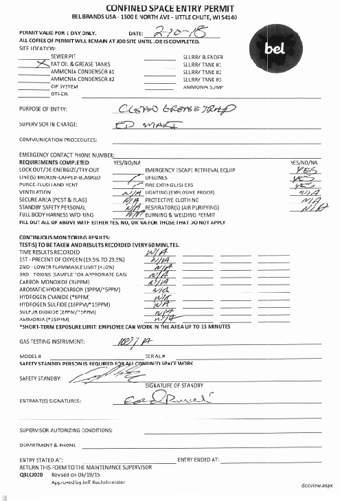 Confined Space Permit